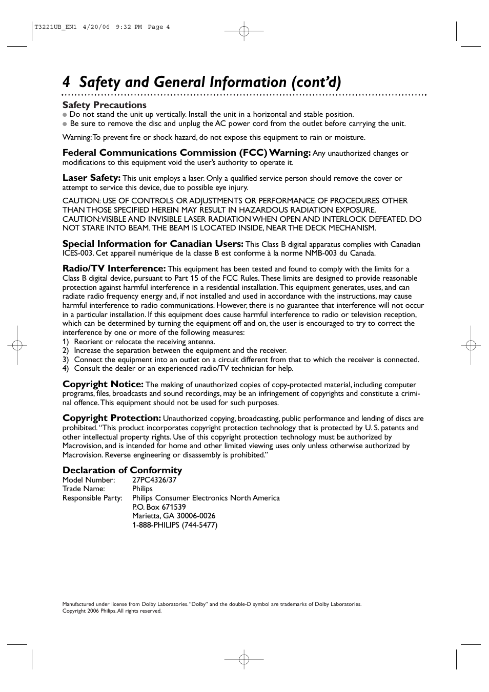 4 safety and general information (cont’d) | Philips 27PC4326-37 User Manual | Page 4 / 92