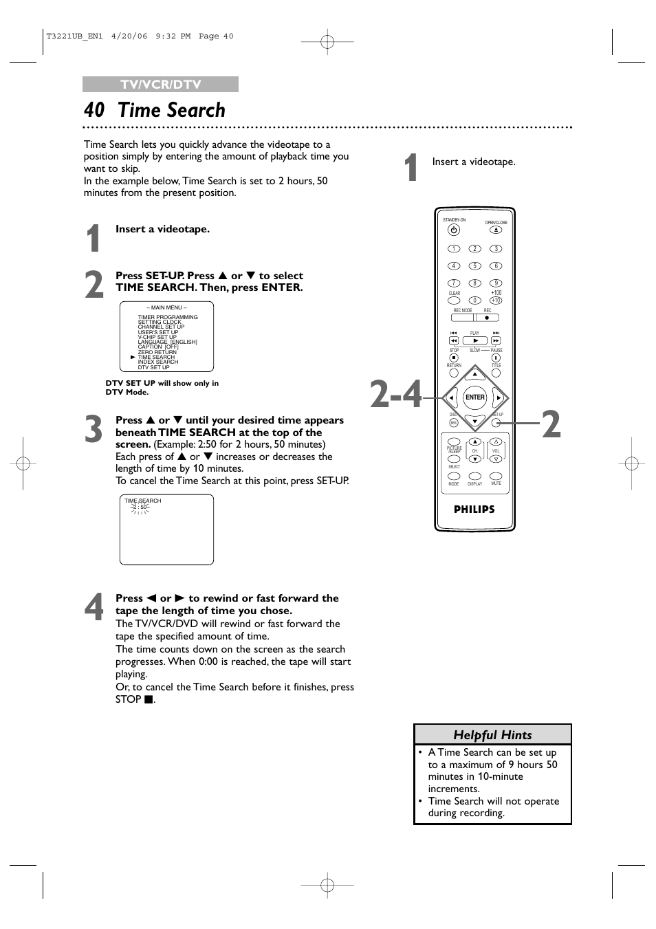 40 time search, Helpful hints | Philips 27PC4326-37 User Manual | Page 40 / 92