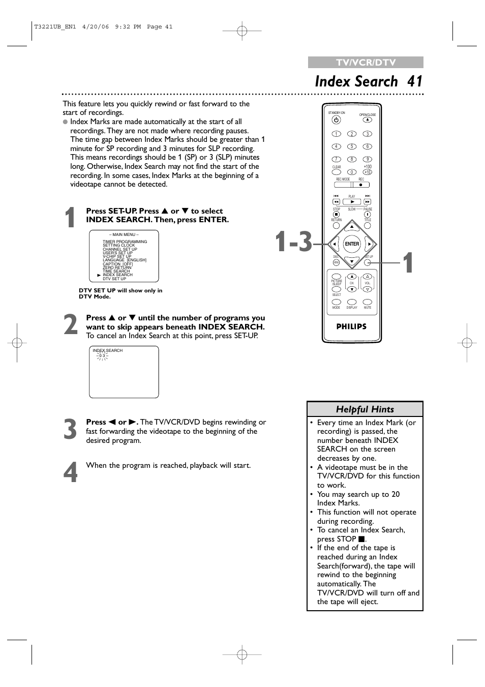 Index search 41, Helpful hints | Philips 27PC4326-37 User Manual | Page 41 / 92