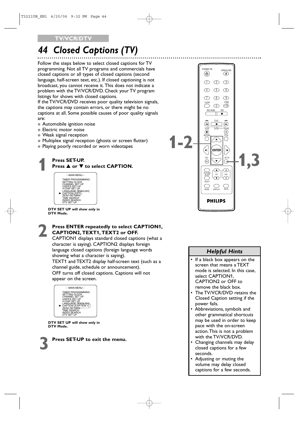 44 closed captions (tv), Helpful hints, Tv/vcr/dtv | Philips 27PC4326-37 User Manual | Page 44 / 92