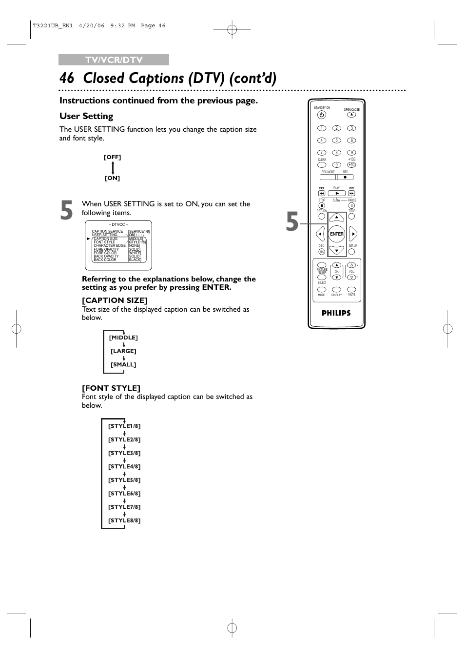 46 closed captions (dtv) (cont’d), User setting, Instructions continued from the previous page | Tv/vcr/dtv | Philips 27PC4326-37 User Manual | Page 46 / 92