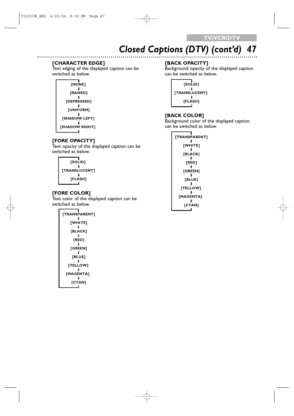 Closed captions (dtv) (cont’d) 47 | Philips 27PC4326-37 User Manual | Page 47 / 92