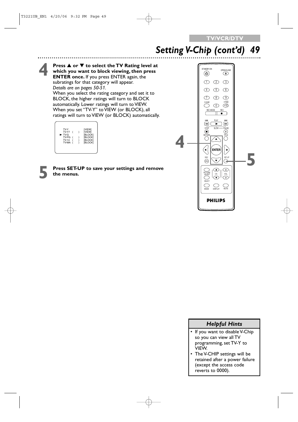 Setting v-chip (cont’d) 49, Helpful hints, Tv/vcr/dtv | Philips 27PC4326-37 User Manual | Page 49 / 92