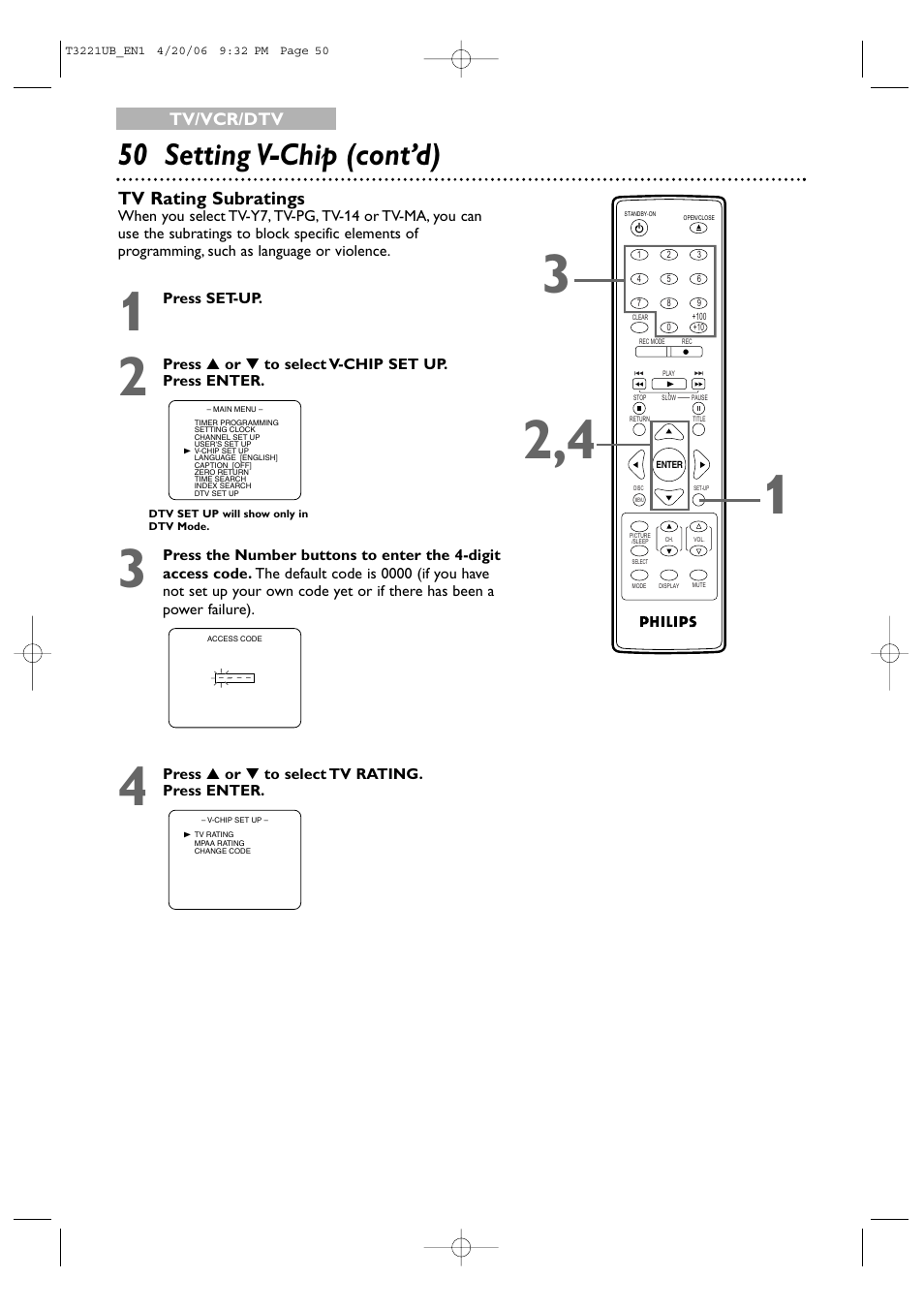 50 setting v-chip (cont’d), Tv rating subratings | Philips 27PC4326-37 User Manual | Page 50 / 92