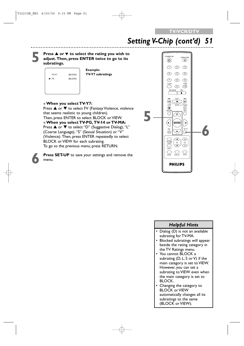 Setting v-chip (cont’d) 51, Helpful hints, Tv/vcr/dtv | Philips 27PC4326-37 User Manual | Page 51 / 92