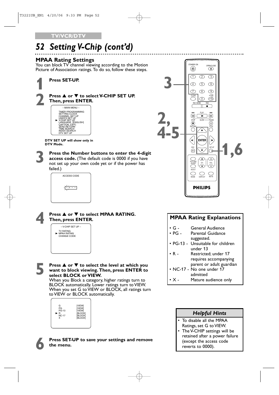 52 setting v-chip (cont’d) | Philips 27PC4326-37 User Manual | Page 52 / 92