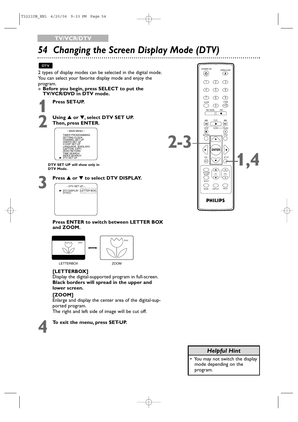 54 changing the screen display mode (dtv), Helpful hint, Tv/vcr/dtv | Philips 27PC4326-37 User Manual | Page 54 / 92