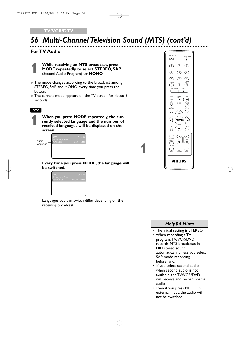 56 multi-channel television sound (mts) (cont’d), Helpful hints for tv audio, Tv/vcr/dtv | Philips 27PC4326-37 User Manual | Page 56 / 92