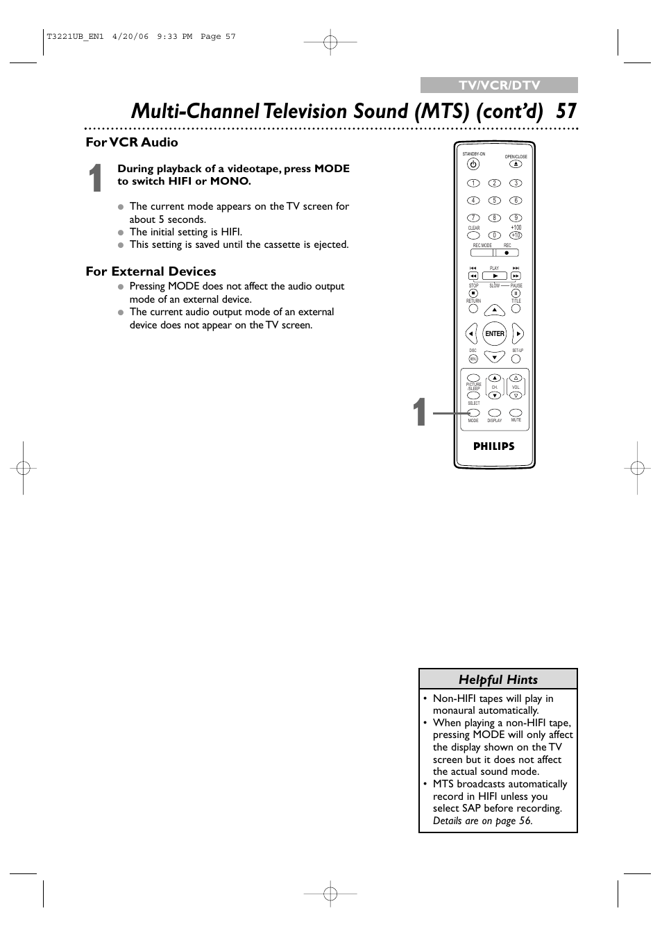 Multi-channel television sound (mts) (cont’d) 57, Helpful hints for vcr audio, For external devices | Tv/vcr/dtv, The initial setting is hifi | Philips 27PC4326-37 User Manual | Page 57 / 92