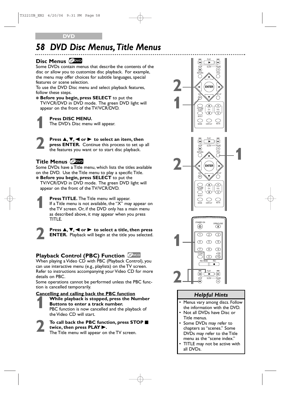 58 dvd disc menus, title menus, Title menus, Playback control (pbc) function | Disc menus, Helpful hints | Philips 27PC4326-37 User Manual | Page 58 / 92