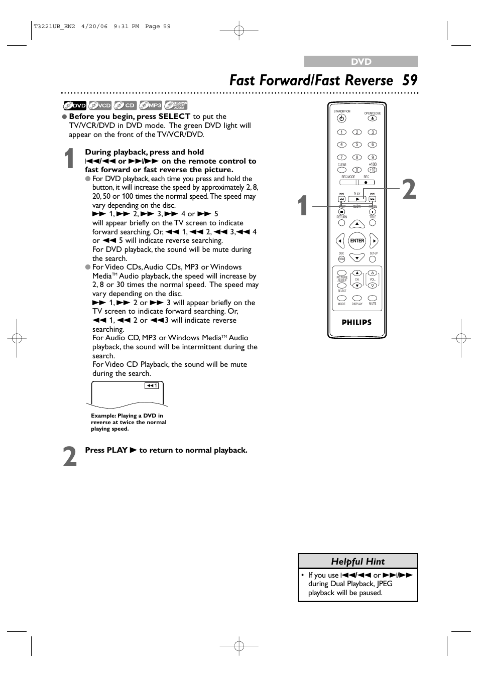 Fast forward/fast reverse 59, Helpful hint | Philips 27PC4326-37 User Manual | Page 59 / 92