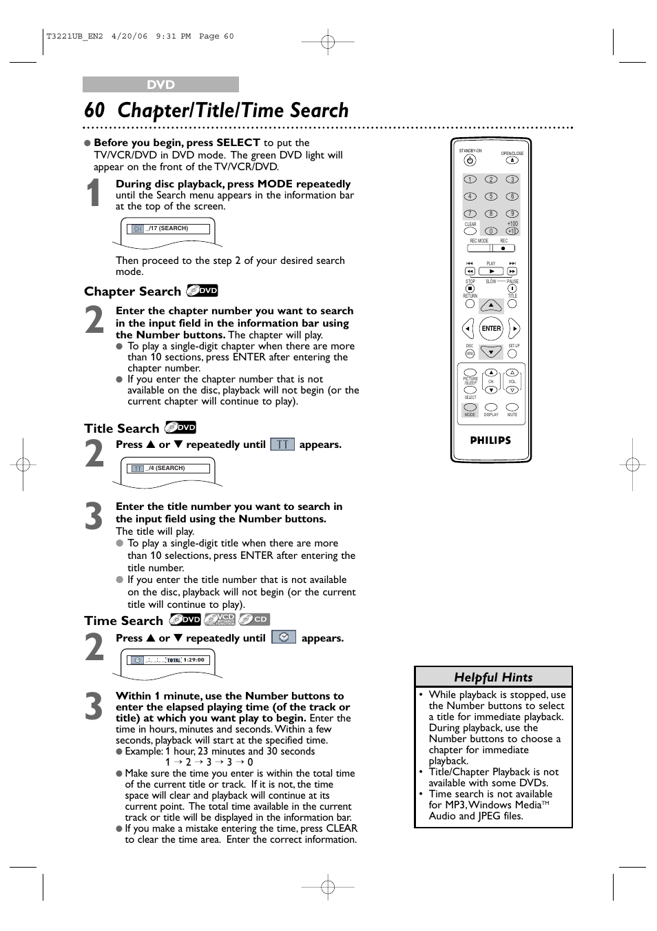 60 chapter/title/time search, Helpful hints, Chapter search | Time search, Title search | Philips 27PC4326-37 User Manual | Page 60 / 92