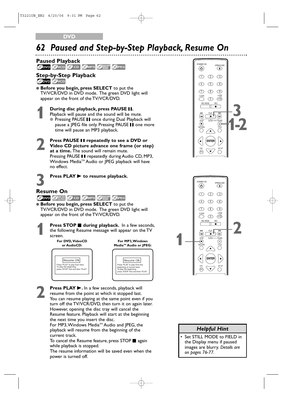 62 paused and step-by-step playback, resume on, Paused playback step-by-step playback, Resume on | Helpful hint | Philips 27PC4326-37 User Manual | Page 62 / 92