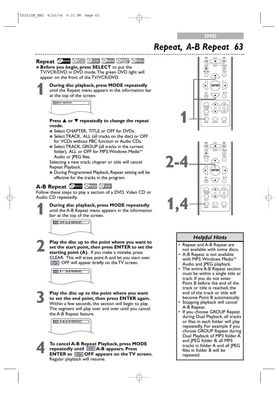 Repeat, a-b repeat 63, Repeat, A-b repeat | Helpful hints | Philips 27PC4326-37 User Manual | Page 63 / 92