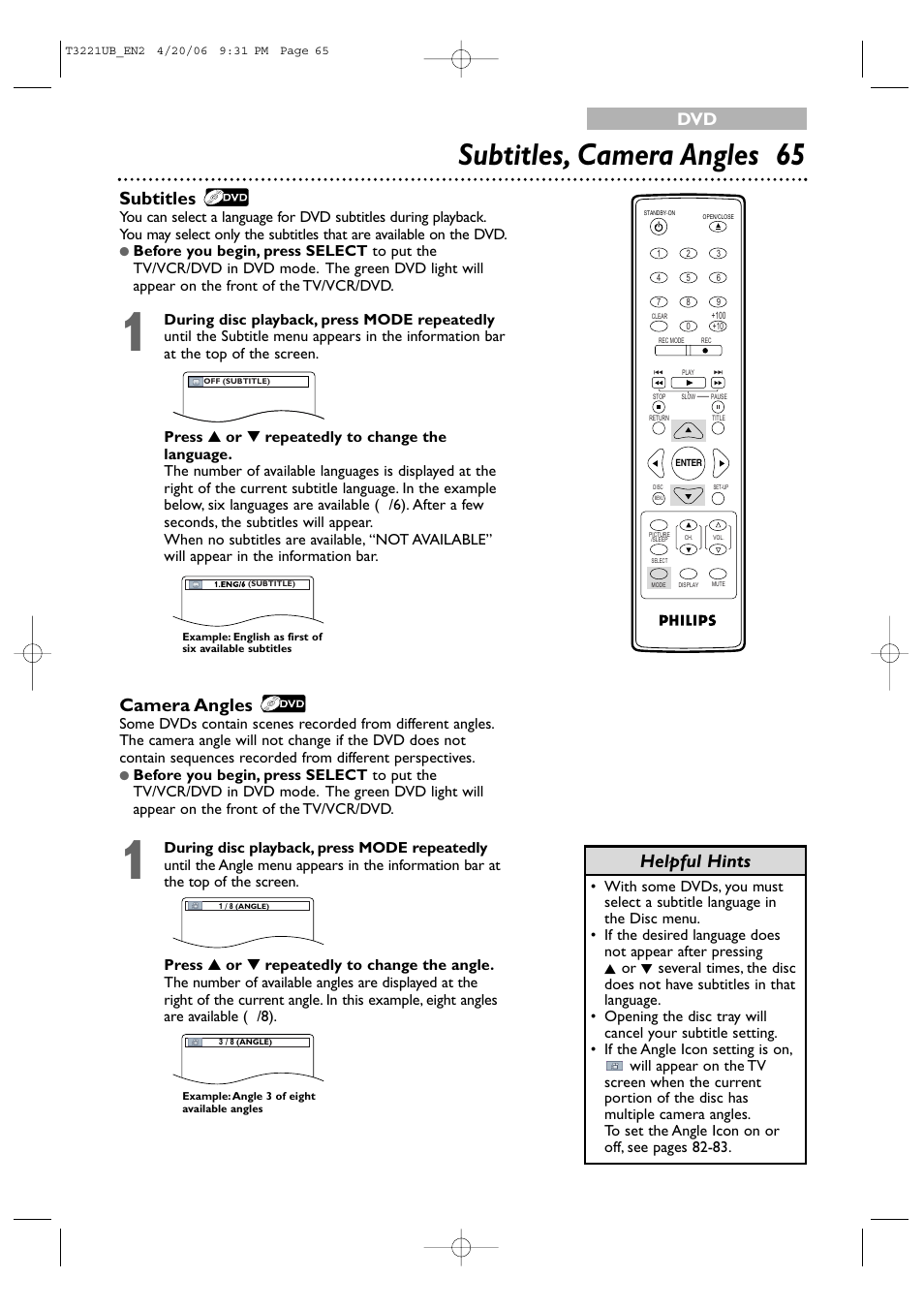 Subtitles, camera angles 65, Camera angles, Subtitles | Helpful hints | Philips 27PC4326-37 User Manual | Page 65 / 92