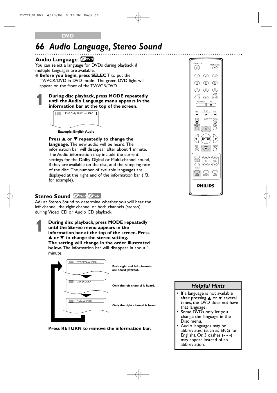 66 audio language, stereo sound, Audio language, Stereo sound | Helpful hints | Philips 27PC4326-37 User Manual | Page 66 / 92