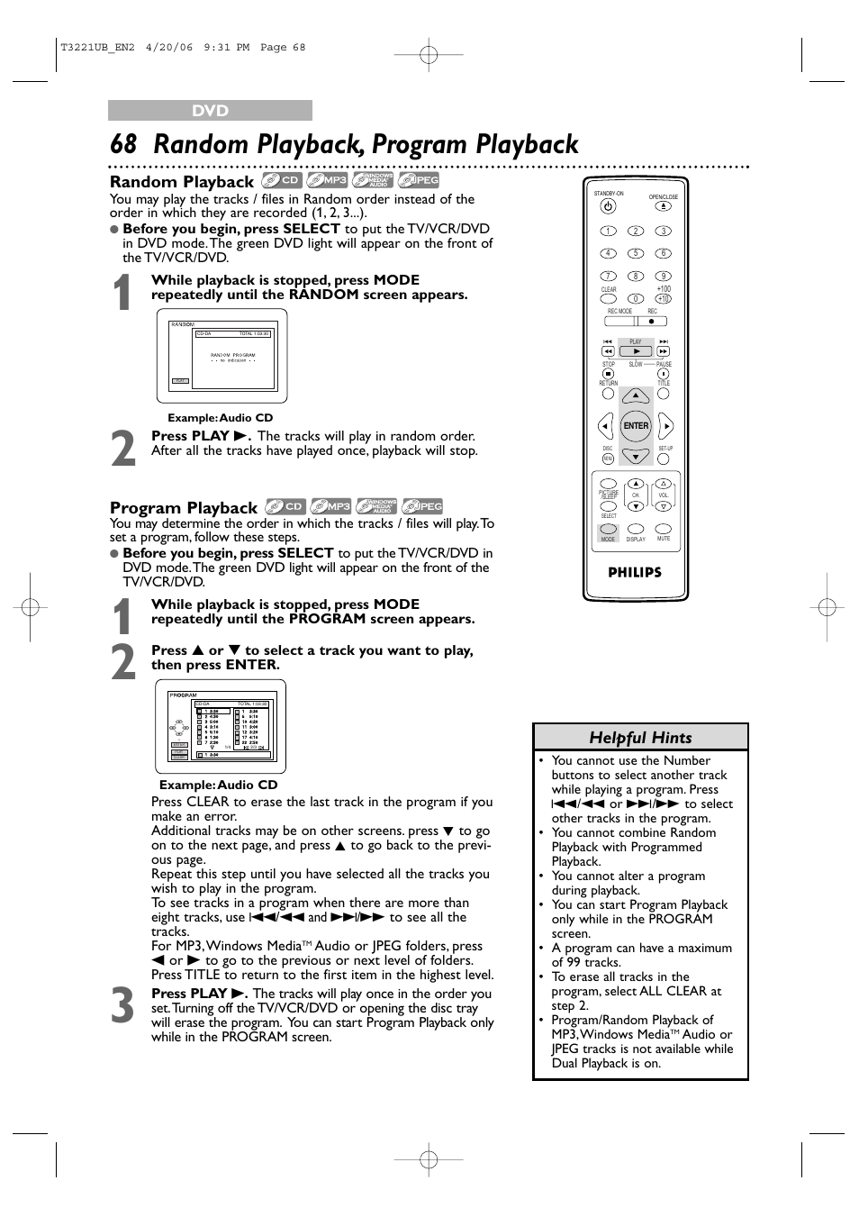 68 random playback, program playback, Program playback, Random playback | Helpful hints | Philips 27PC4326-37 User Manual | Page 68 / 92