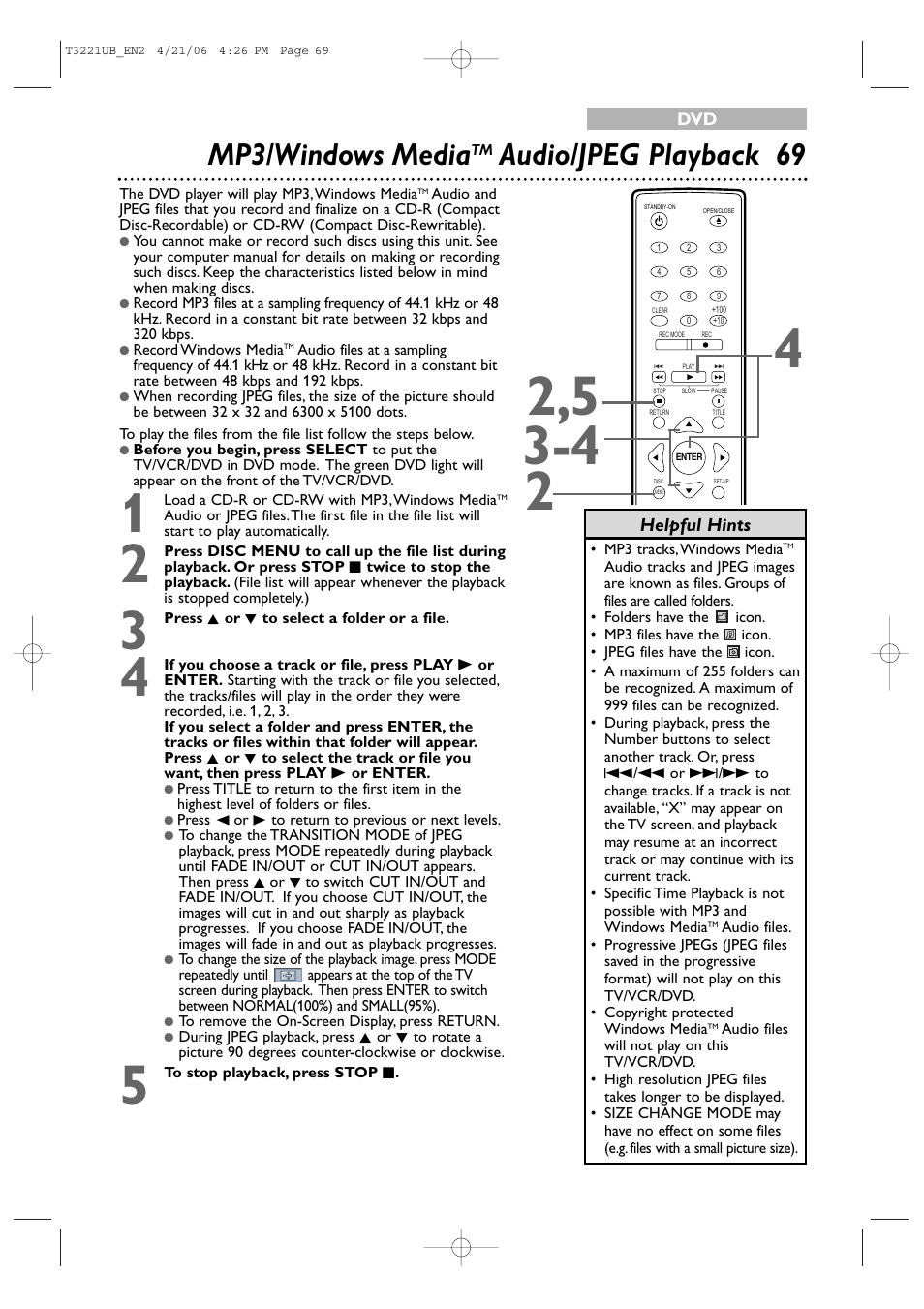 Mp3/windows media, Audio/jpeg playback 69 | Philips 27PC4326-37 User Manual | Page 69 / 92