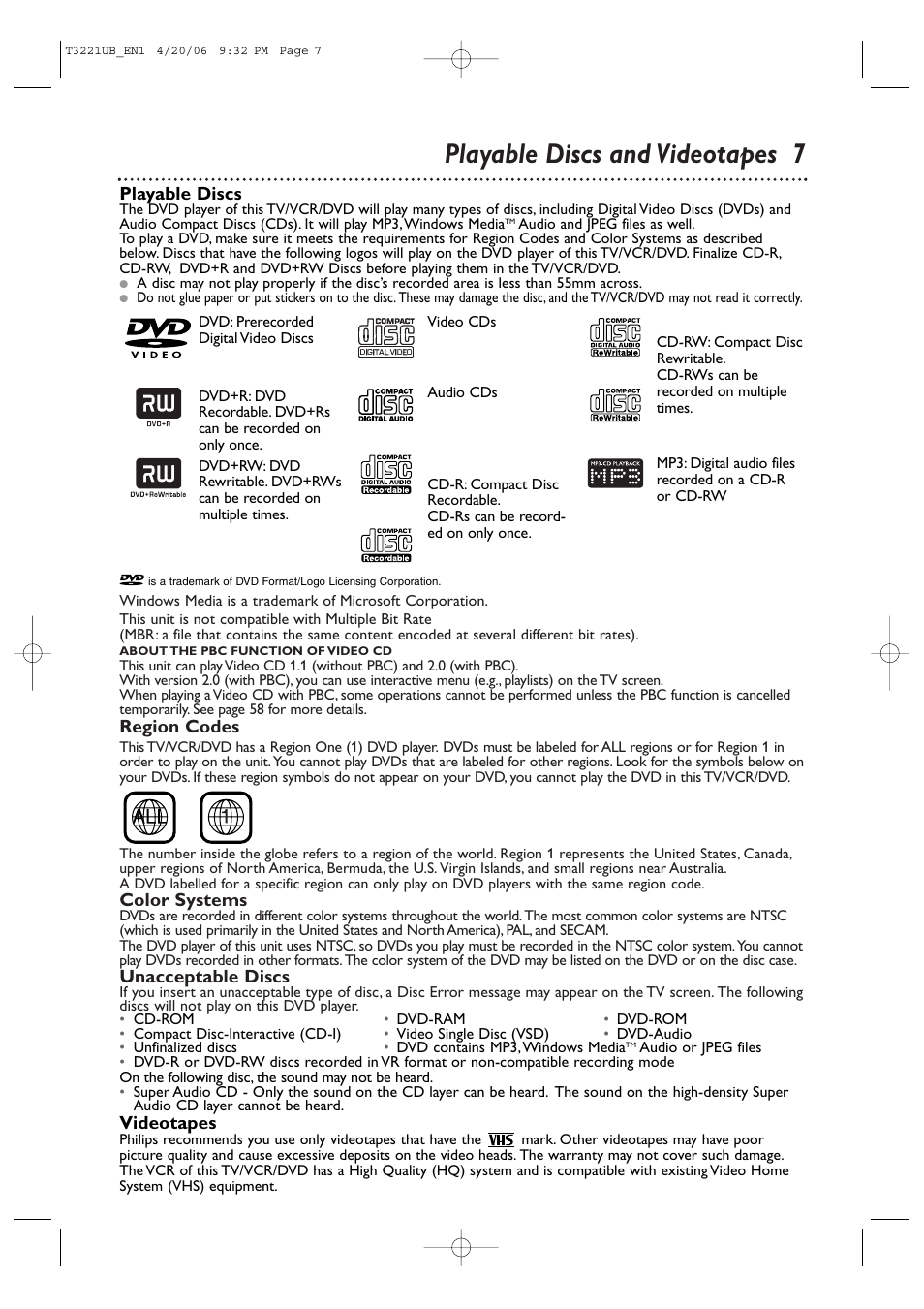 Playable discs and videotapes 7, Region codes, Color systems | Unacceptable discs, Videotapes, Playable discs | Philips 27PC4326-37 User Manual | Page 7 / 92