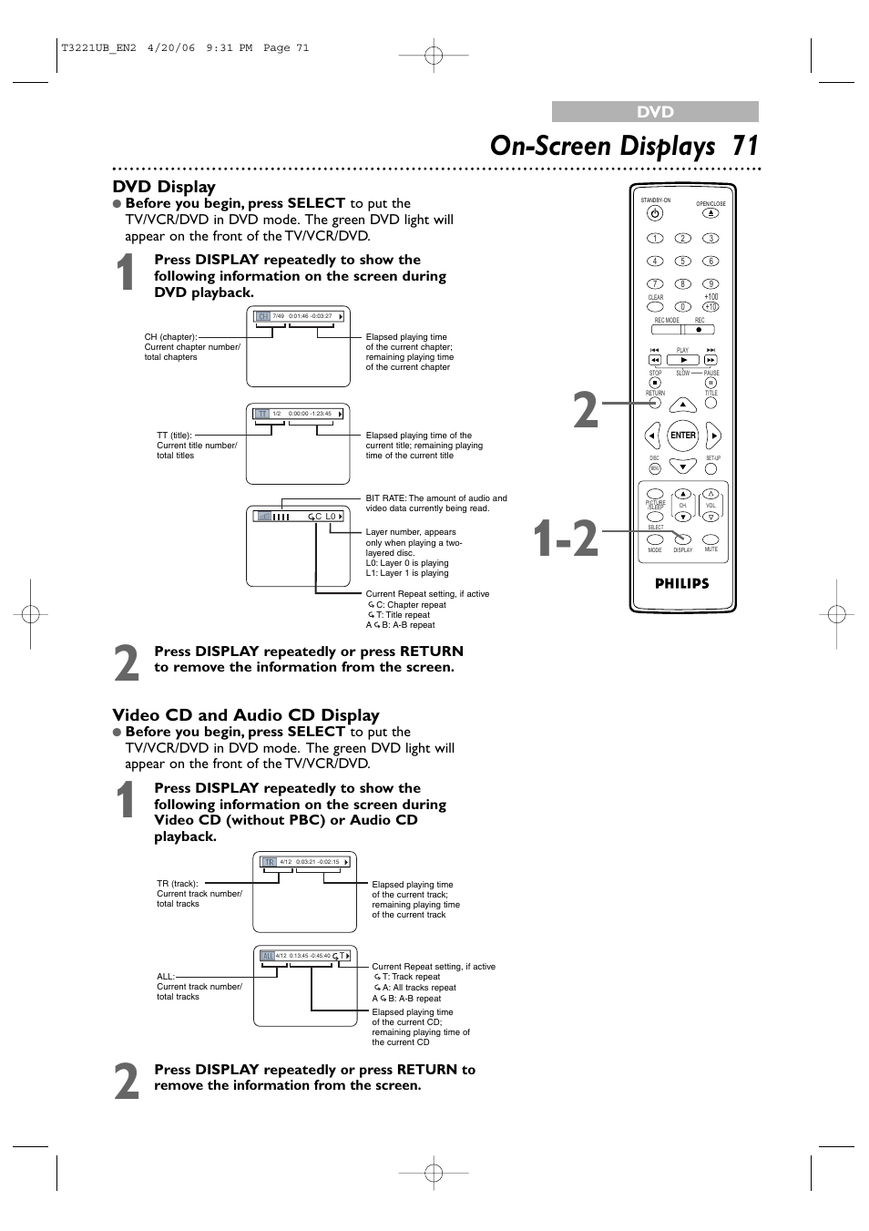 On-screen displays 7 1, Video cd and audio cd display, Dvd display | Philips 27PC4326-37 User Manual | Page 71 / 92