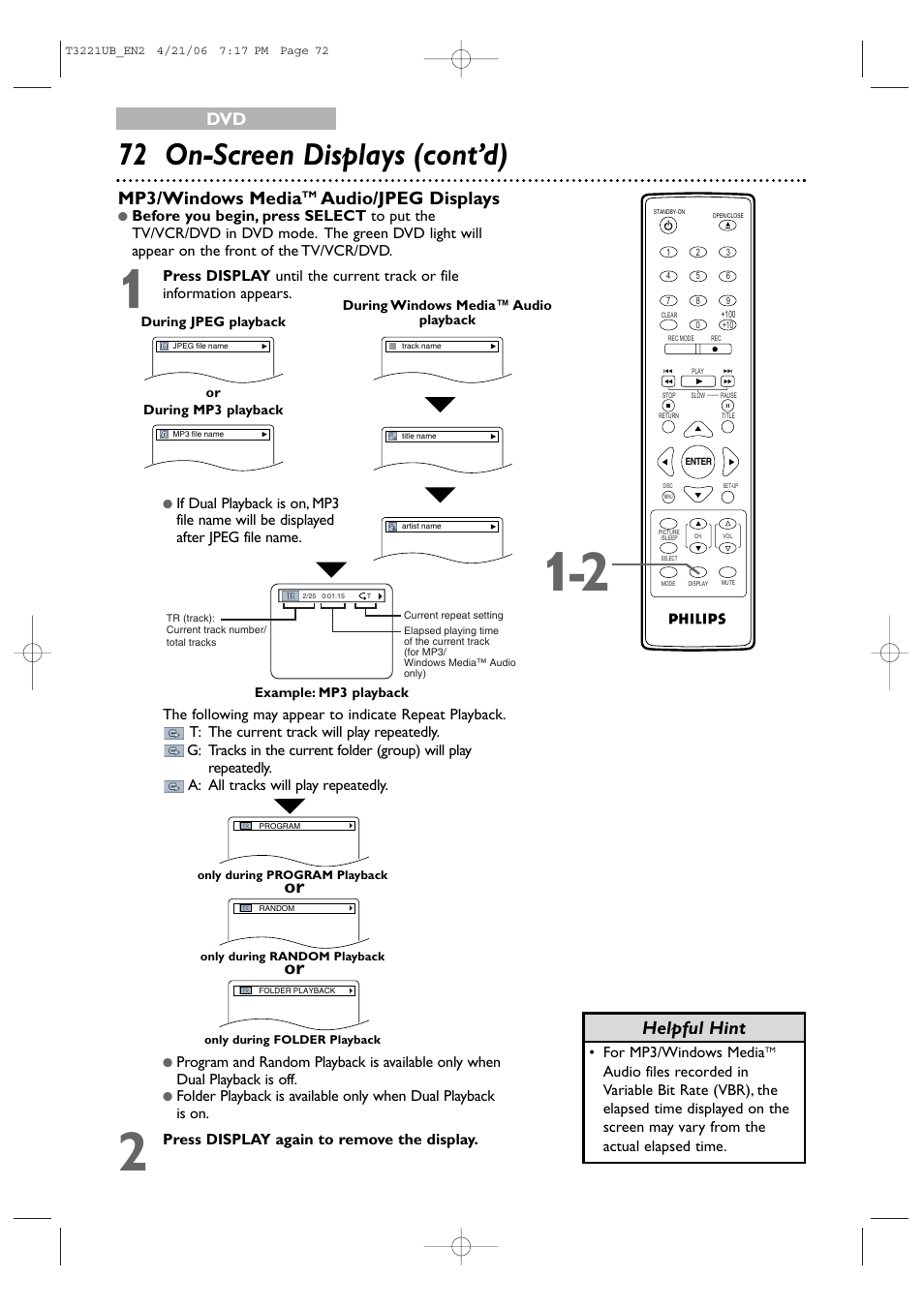 72 on-screen displays (cont’d), Mp3/windows media, Audio/jpeg displays | Helpful hint, Press display again to remove the display | Philips 27PC4326-37 User Manual | Page 72 / 92
