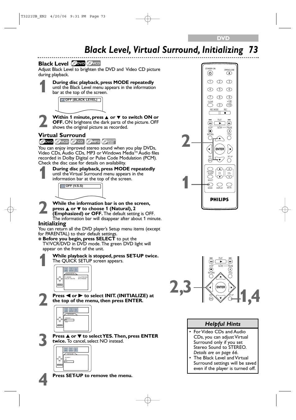 Black level, virtual surround, initializing 7 3, Black level, Virtual surround | Initializing, Helpful hints | Philips 27PC4326-37 User Manual | Page 73 / 92