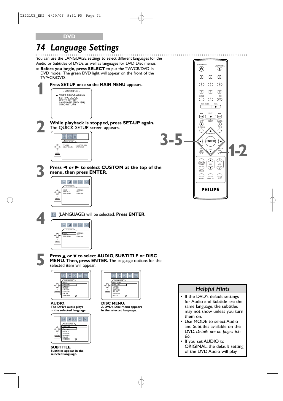 74 language settings, Helpful hints | Philips 27PC4326-37 User Manual | Page 74 / 92