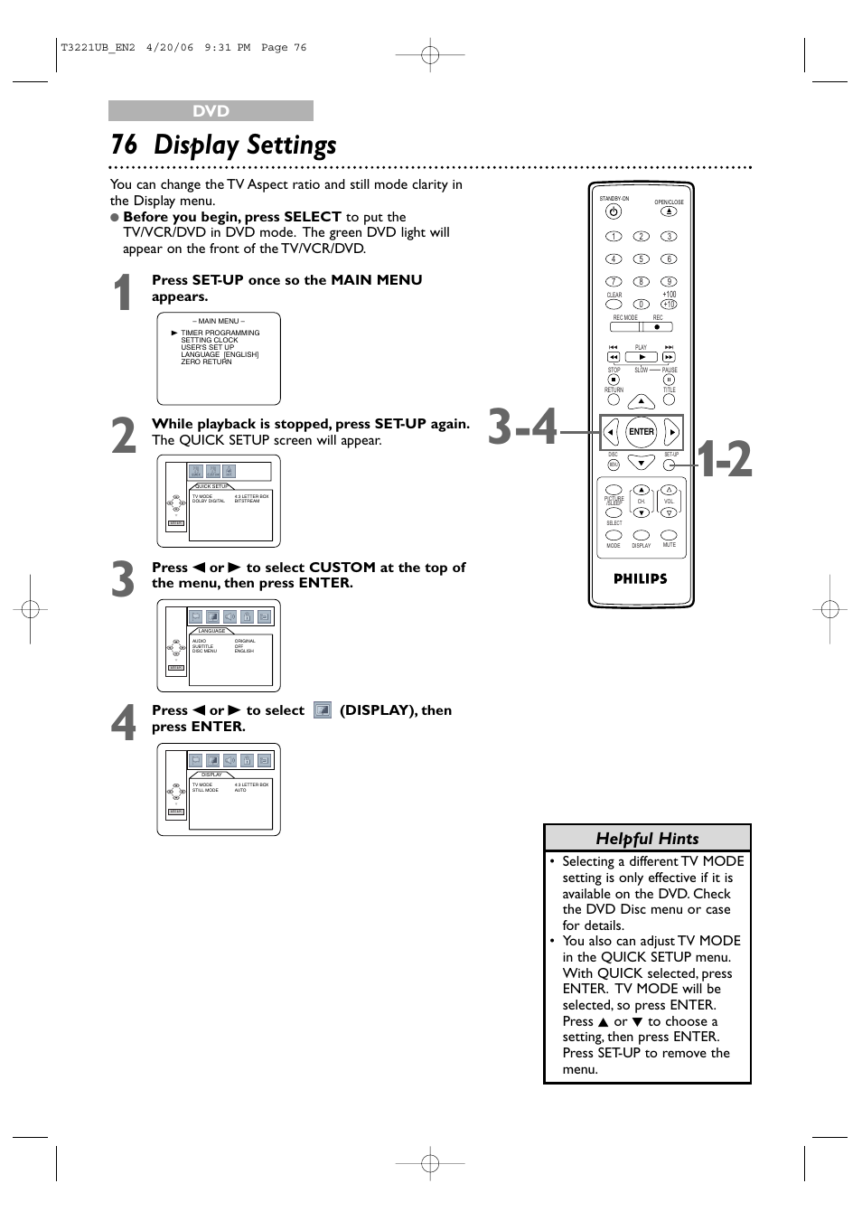 76 display settings, Helpful hints | Philips 27PC4326-37 User Manual | Page 76 / 92