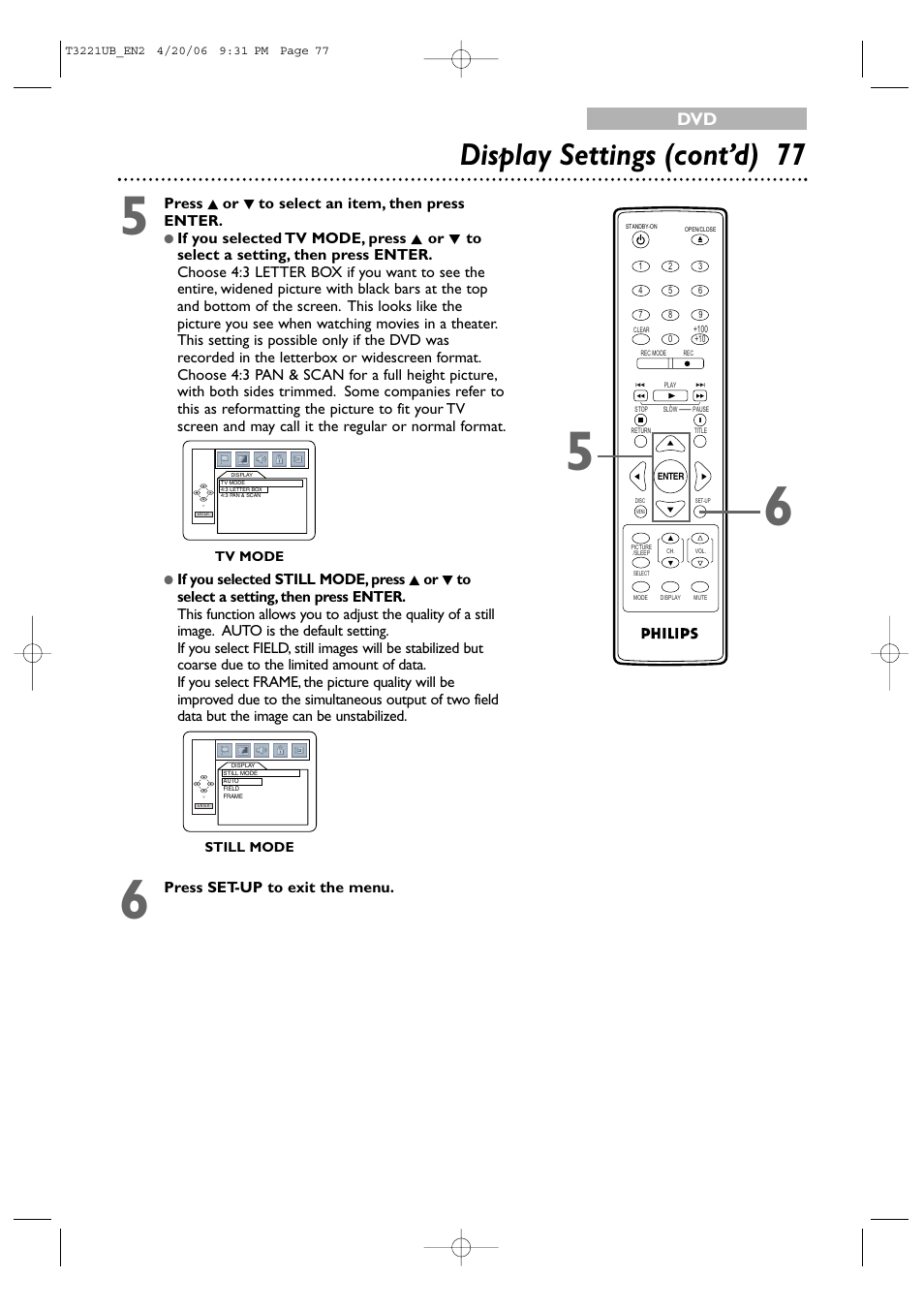 Display settings (cont’d) 77, Press k or l to select an item, then press enter, Press set-up to exit the menu | Philips 27PC4326-37 User Manual | Page 77 / 92