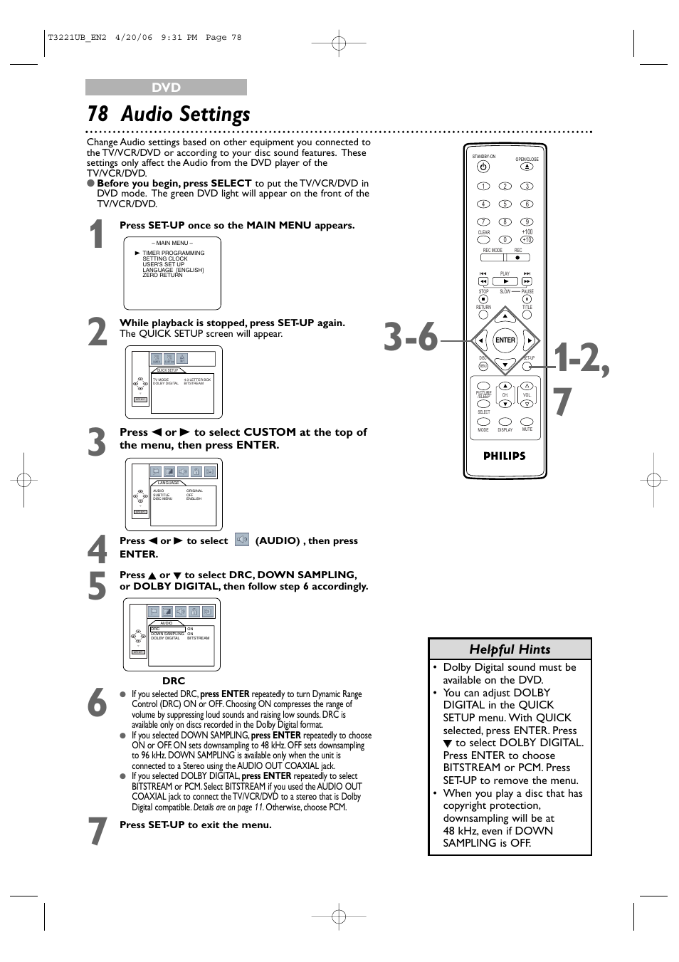 78 audio settings, Helpful hints | Philips 27PC4326-37 User Manual | Page 78 / 92