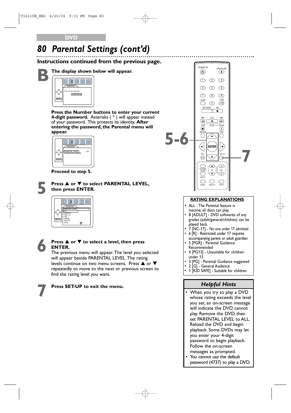 80 parental settings (cont’d), Helpful hints, Instructions continued from the previous page | Philips 27PC4326-37 User Manual | Page 80 / 92
