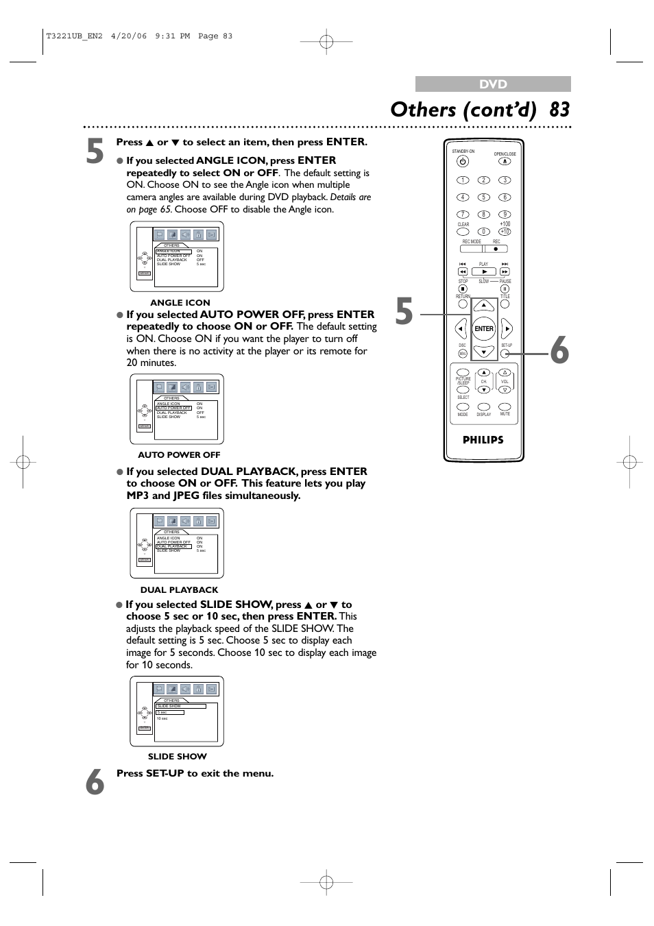 Others (cont’d) 83, Enter, Press k or l to select an item, then press | If you selected angle icon, press, Press set-up to exit the menu | Philips 27PC4326-37 User Manual | Page 83 / 92
