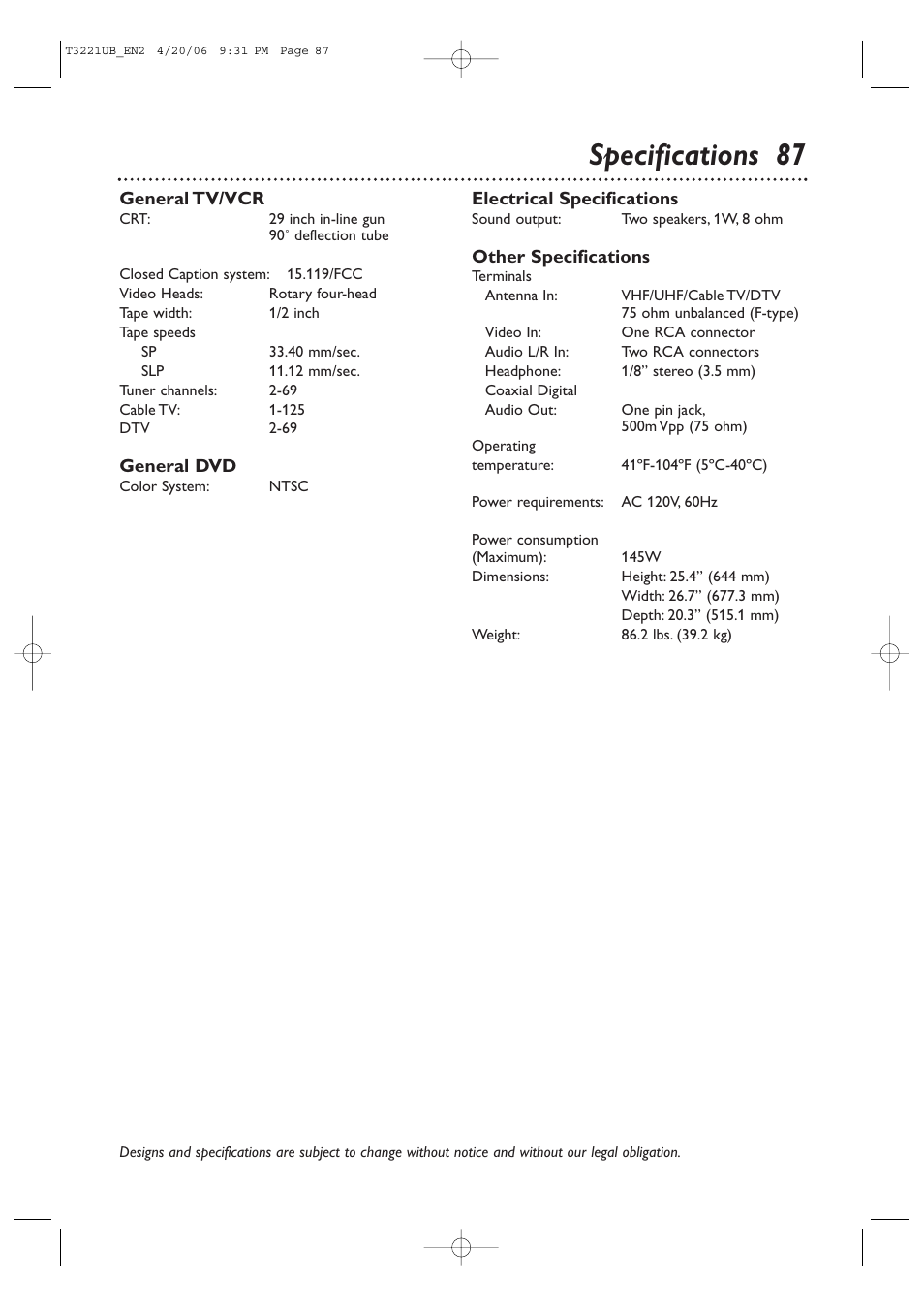 Specifications 87 | Philips 27PC4326-37 User Manual | Page 87 / 92