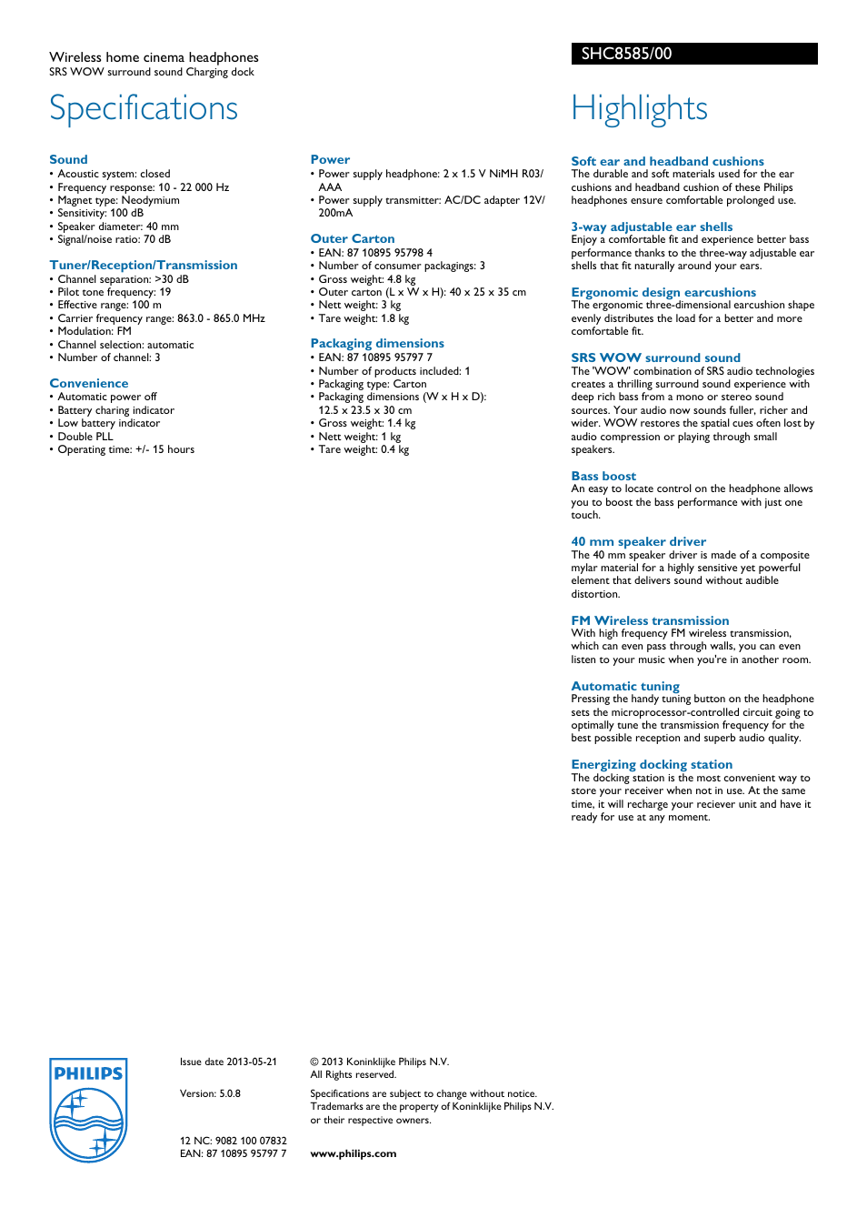 Specifications, Highlights | Philips SHC8585-00 User Manual | Page 2 / 2