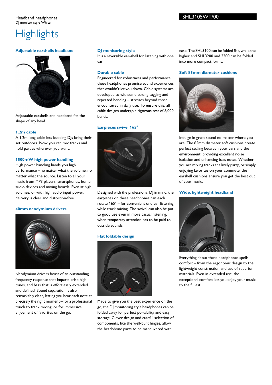 Highlights | Philips SHL3105WT-00 User Manual | Page 2 / 3
