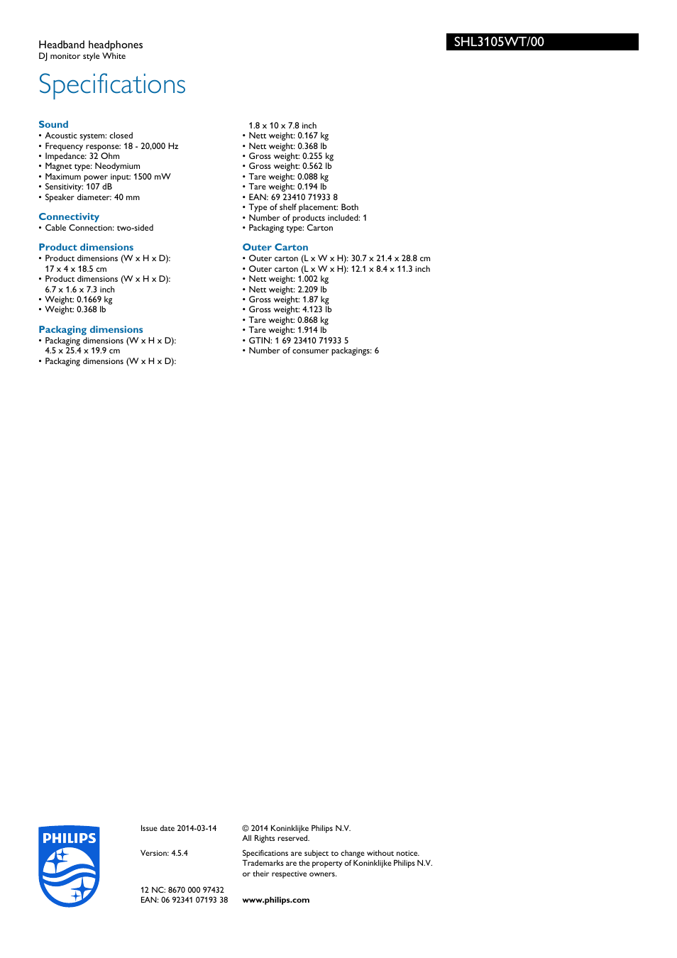 Specifications | Philips SHL3105WT-00 User Manual | Page 3 / 3