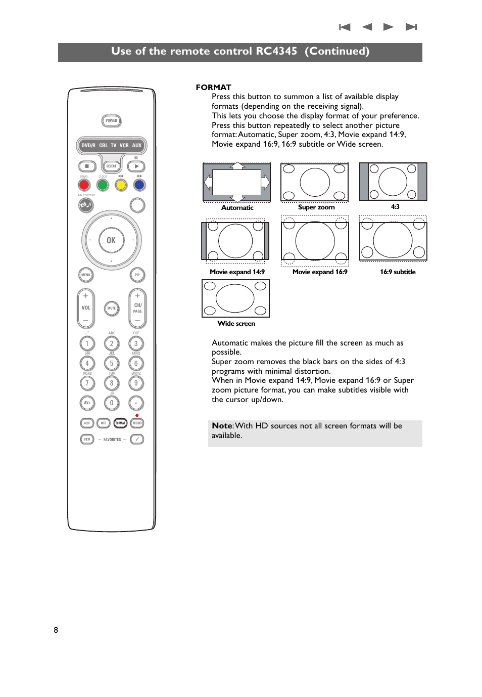 Use of the remote control rc4345 (continued), Format | Philips 50PF9431D-37B User Manual | Page 10 / 60