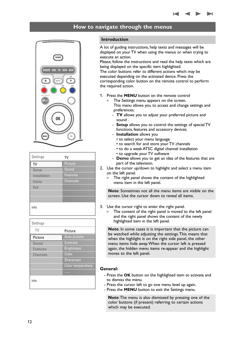 How to navigate through the menus, General, Introduction | Philips 50PF9431D-37B User Manual | Page 14 / 60