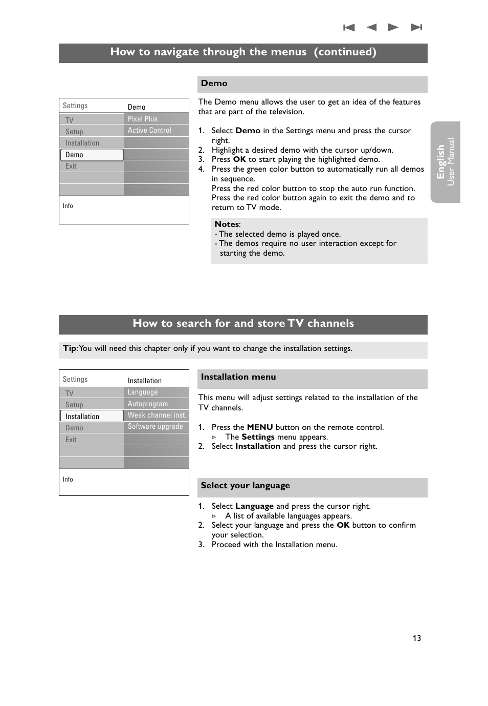 How to search for and store tv channels, How to navigate through the menus (continued), English | Philips 50PF9431D-37B User Manual | Page 15 / 60