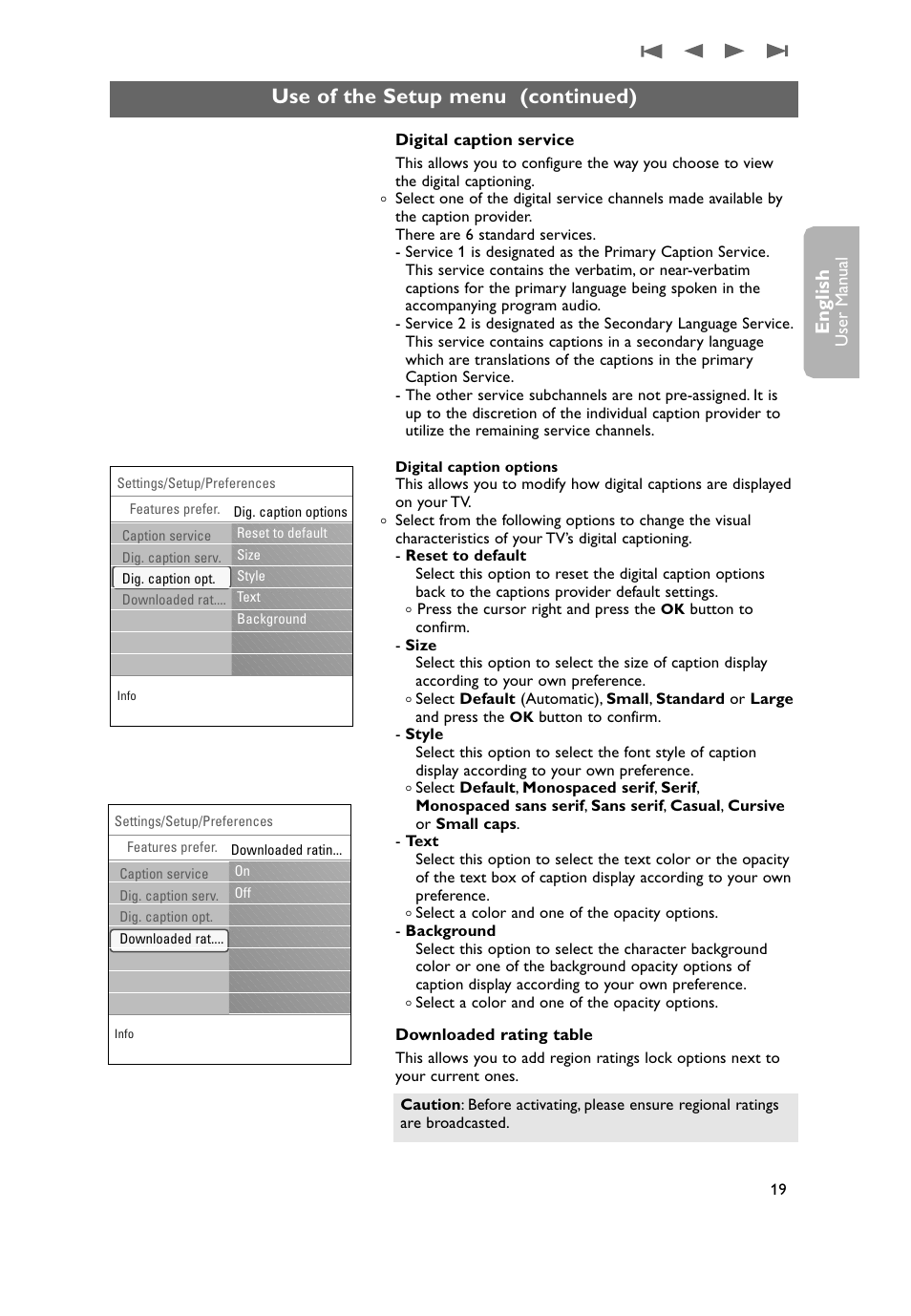 Use of the setup menu (continued), English | Philips 50PF9431D-37B User Manual | Page 21 / 60