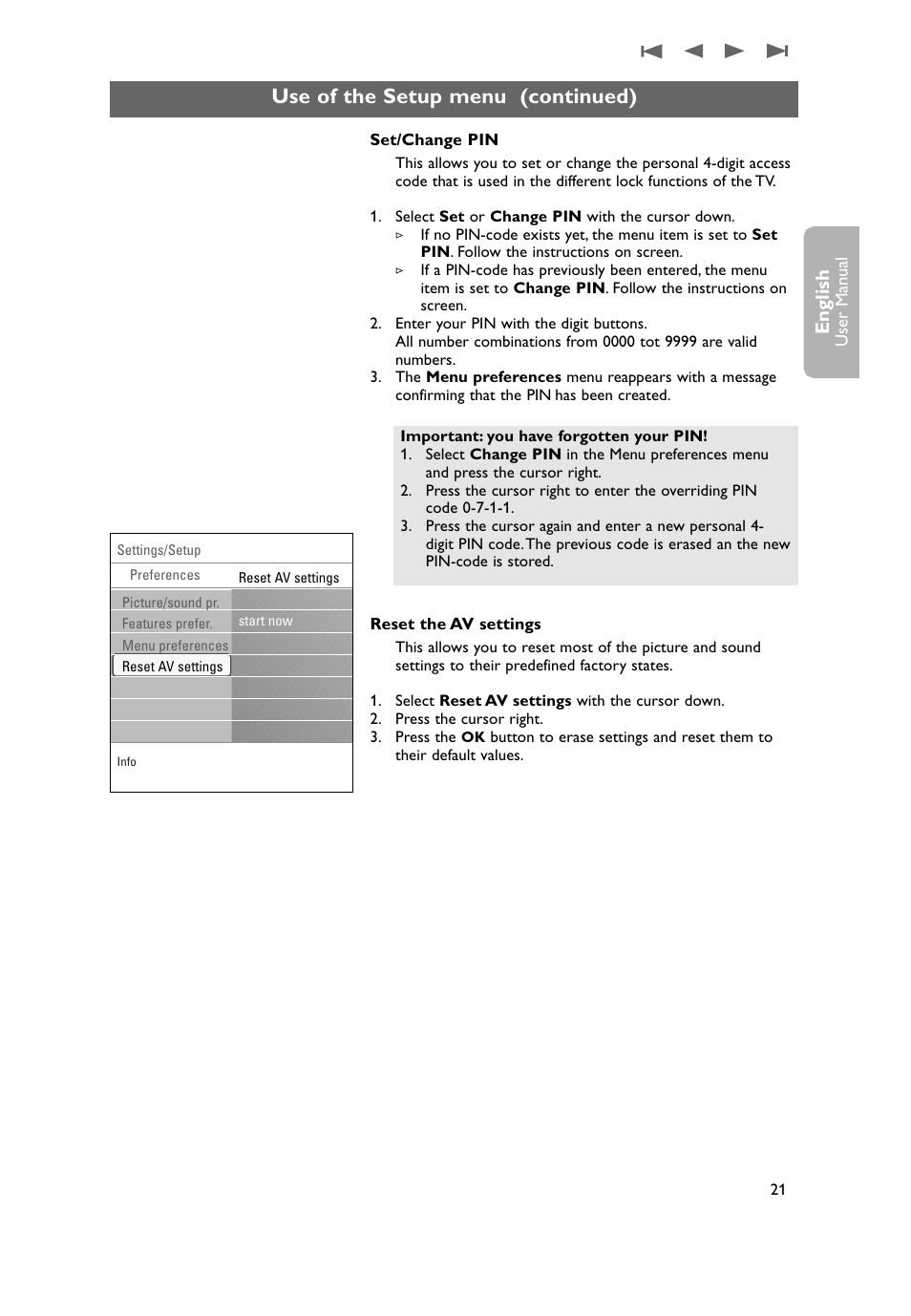 Use of the setup menu (continued), English | Philips 50PF9431D-37B User Manual | Page 23 / 60
