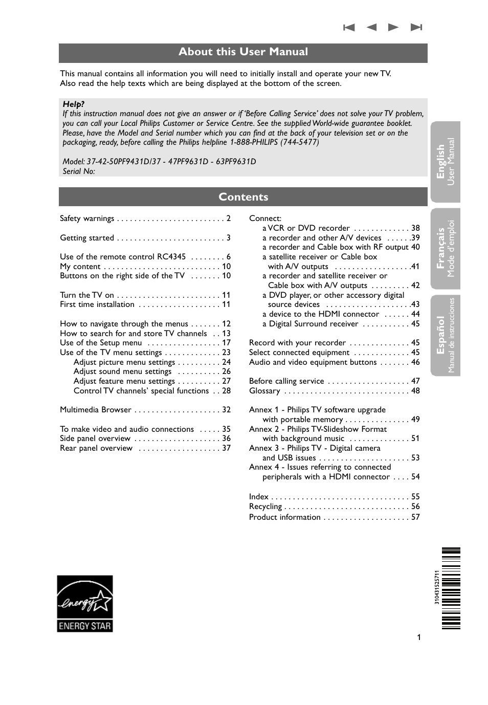 Philips 50PF9431D-37B User Manual | Page 3 / 60