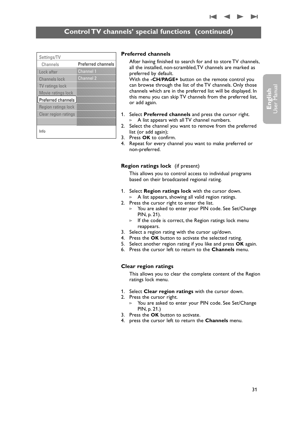 Control tv channels’ special functions (continued), English | Philips 50PF9431D-37B User Manual | Page 33 / 60