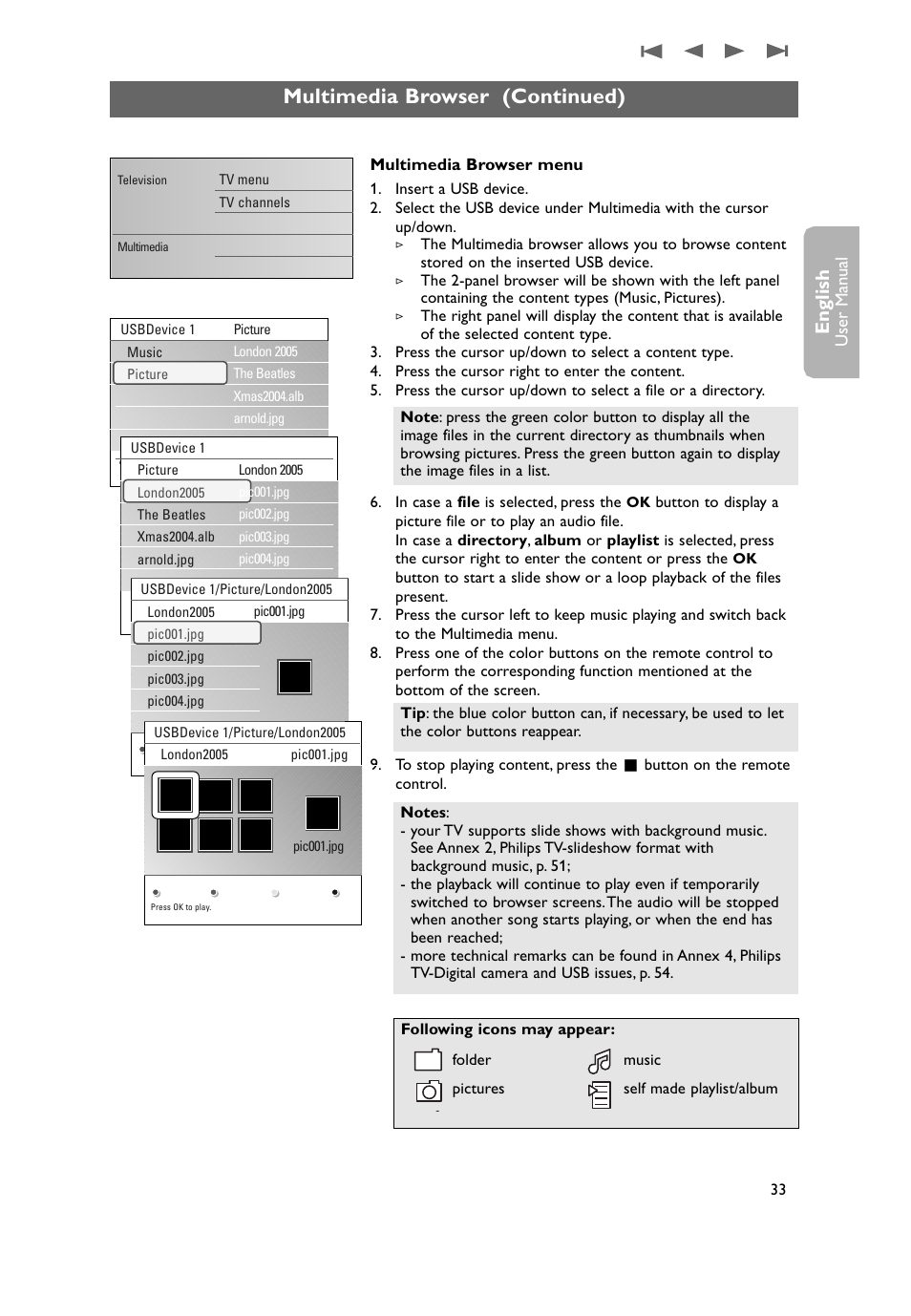 Multimedia browser (continued), English | Philips 50PF9431D-37B User Manual | Page 35 / 60