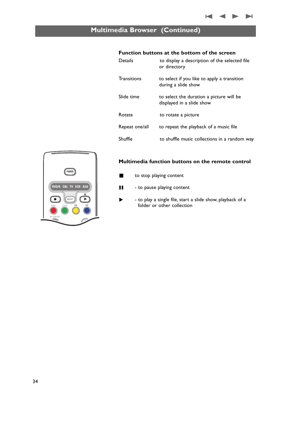 Multimedia browser (continued), Function buttons at the bottom of the screen, Multimedia function buttons on the remote control | Philips 50PF9431D-37B User Manual | Page 36 / 60