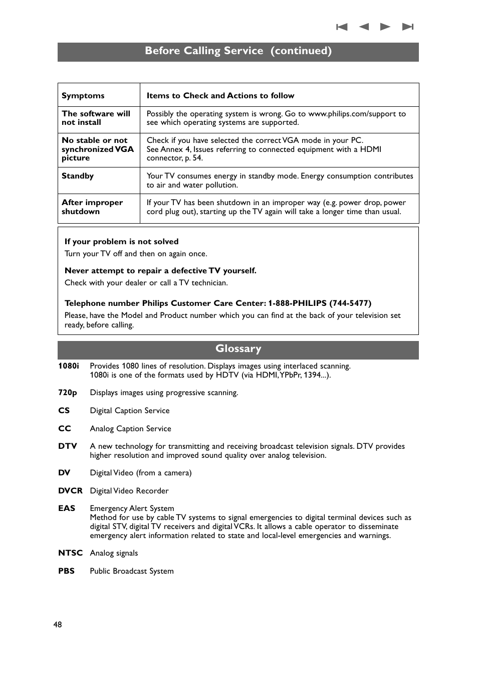 Glossary, Before calling service (continued) | Philips 50PF9431D-37B User Manual | Page 50 / 60