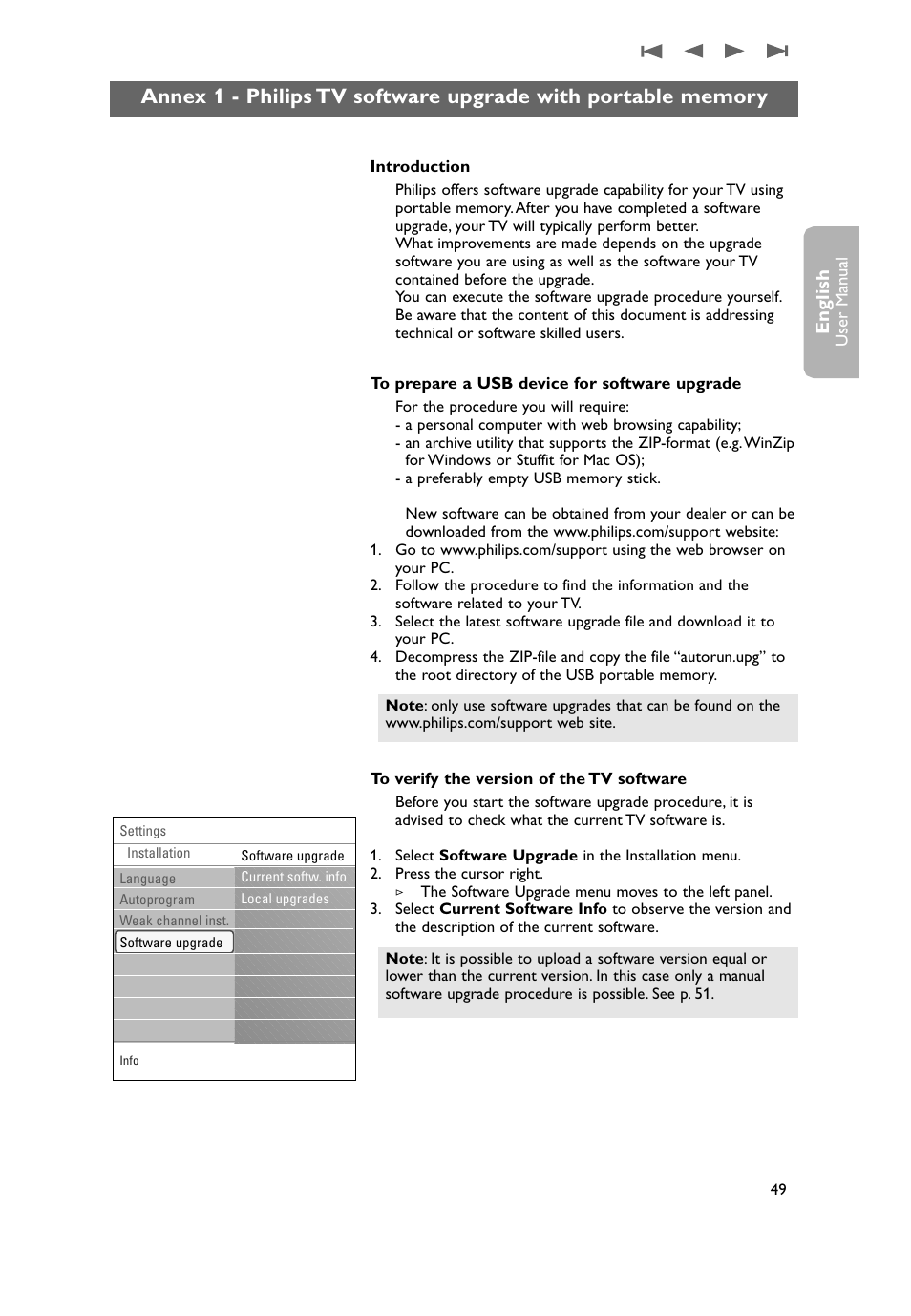 Annex 1 - philips tv software upgrade, With portable memory, English | Philips 50PF9431D-37B User Manual | Page 51 / 60