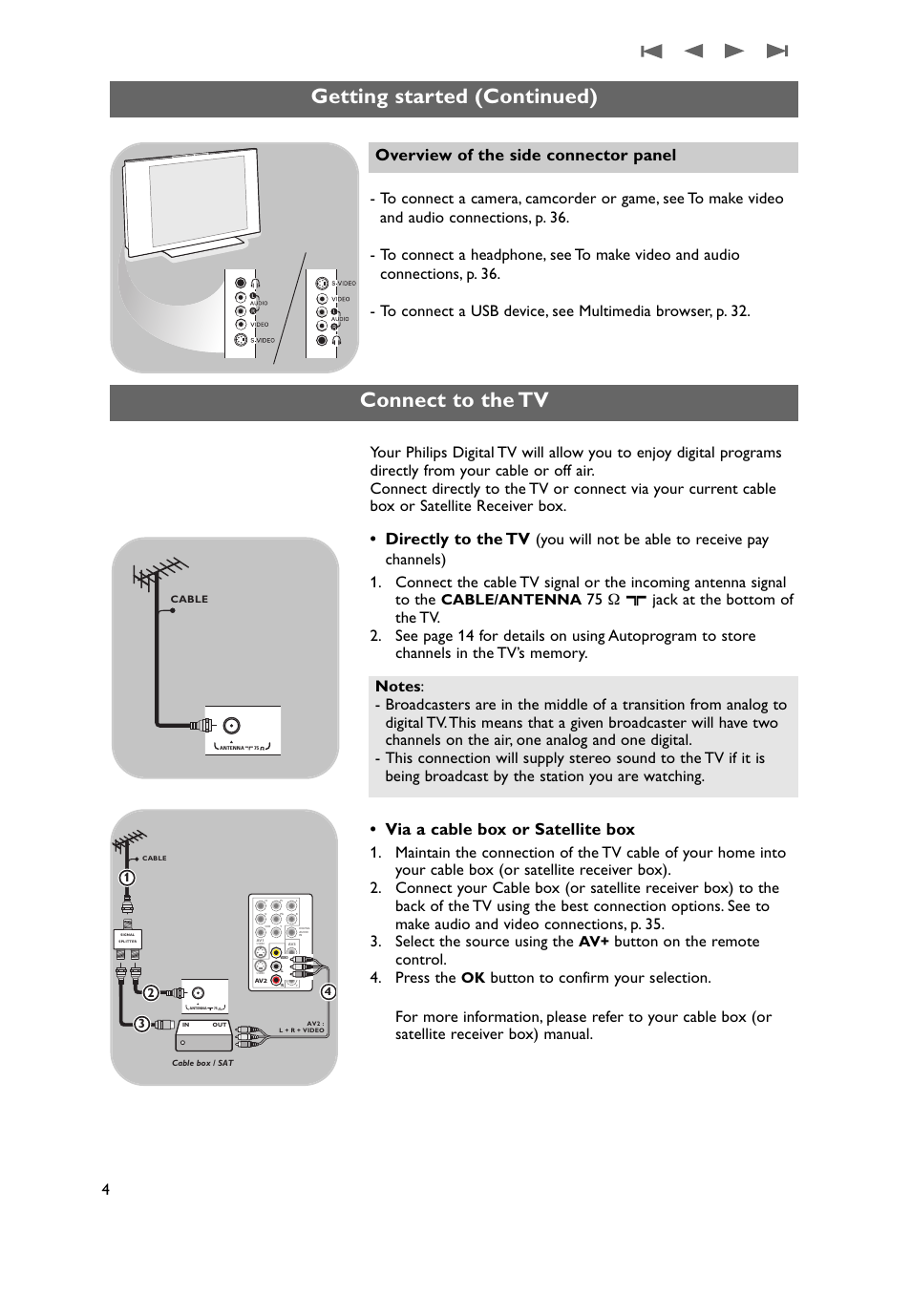 Getting started (continued) connect to the tv, Directly to the tv, Via a cable box or satellite box | Overview of the side connector panel, Button on the remote control. 4. press the, Cable/antenna | Philips 50PF9431D-37B User Manual | Page 6 / 60