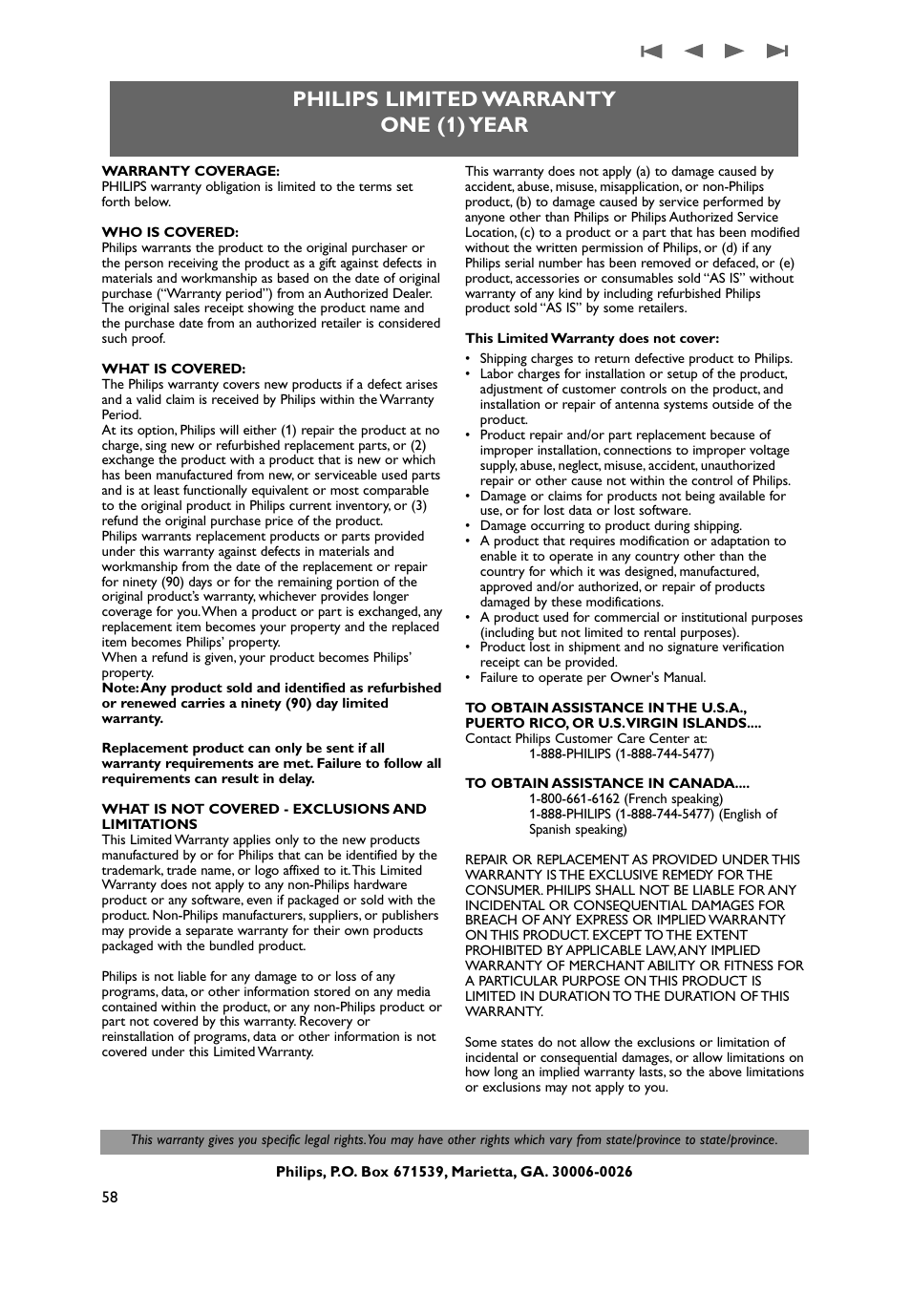 Philips limited warranty one (1) year | Philips 50PF9431D-37B User Manual | Page 60 / 60