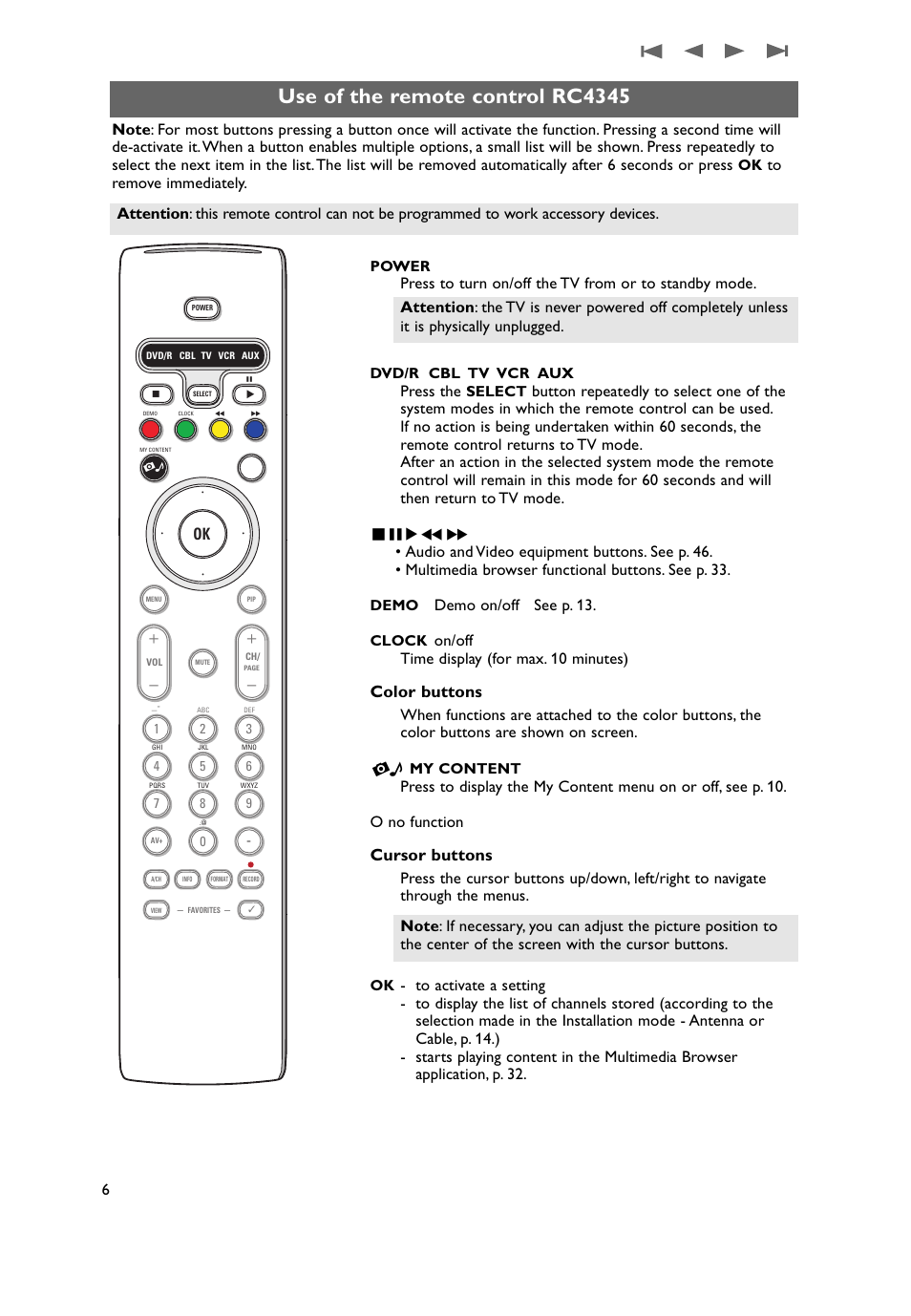 Use of the remote control rc4345, Color buttons, Cursor buttons | Press the, Demo on/off see p. 13, On/off time display (for max. 10 minutes) | Philips 50PF9431D-37B User Manual | Page 8 / 60